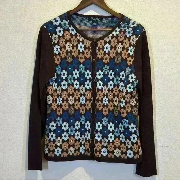 crystal kobe Sweaters - Crystal Kobe Womens Size L Brown Groovy Floral Button Cardigan Grannycore
